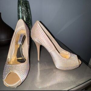 Elegant Beige Peep-Toe Heels with Rhinestones